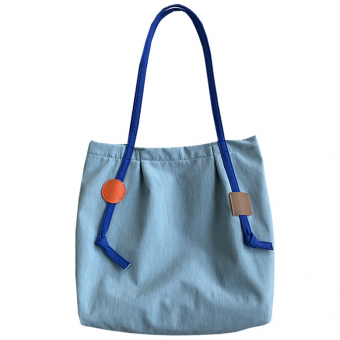 Сумка шоппер нейлон длинные синие ручки нашивка оранжевый круг квадрат