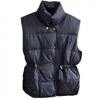 Жилет дутый на кнопках ворот стойка утяжка на поясе карманы с клапаном