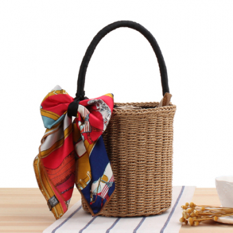 Сумка корзинка плетеная цилиндрическая форма черная ручка и подклад + шелковый шарф