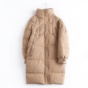 Пуховик миди объемный высокий ворот длинный широкий карман на молнии