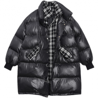 Пуховик дутый стеганый на кнопках клетчатая вставка как рубашка