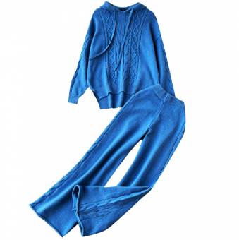 Комплект трикотаж худи капюшон косы ромбы + широкие штаны закручен низ