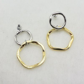 Серьги неровные серебряный круг + золотой круг