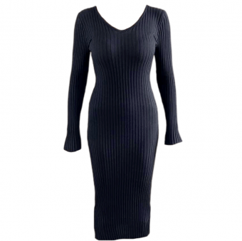 Платье трикотаж макси рубчик широкий V-вырез