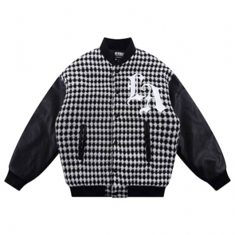 Бомбер oversize в ромбах рукава эко кожа вышивка LA