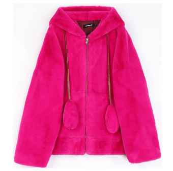 Шуба плюшевая короткая на молнии капюшон с длинными ушками