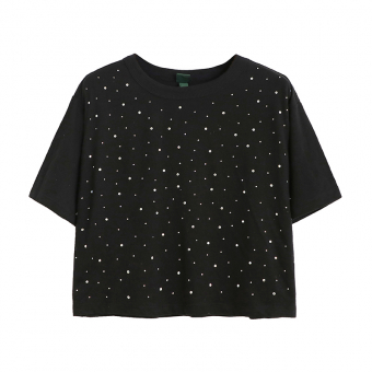 Футболка широкая короткая черная в стразах