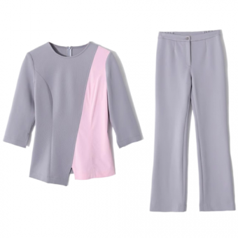 Комплект серый блуза розовая вставка + пямые брюки