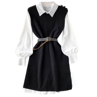 Комплект белое платье рубашка + черный жилет + ремень с цепью