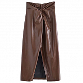 Картинка Юбка миди эко кожа разрез по середине на поясе сборка от магазина LonnaMag