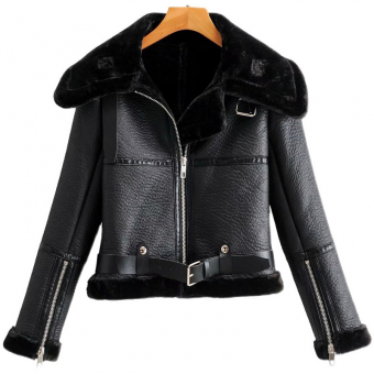 Дубленка короткая широкий ворот молния на рукаве + пояс