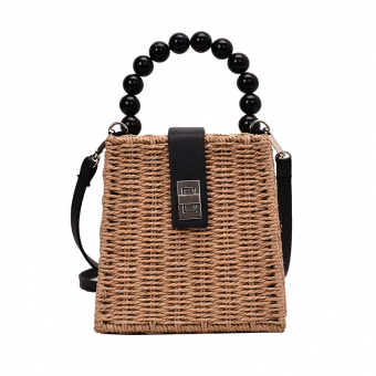 Сумка мессенджер плетеная ручка из крупных черных бусин застежка + ремень на плечо