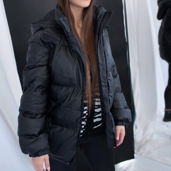 Куртка дутая широкая эко-кожа кожзам капюшон