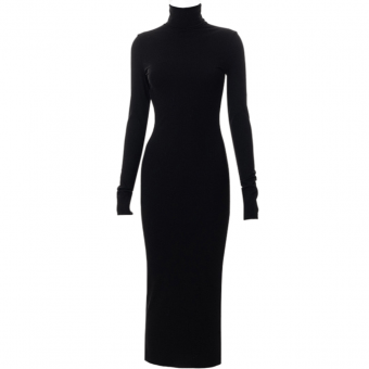 Платье макси водолазка черное в рубчик