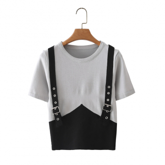 Футболка трикотаж имитация подтяжек принт треугольник снизу