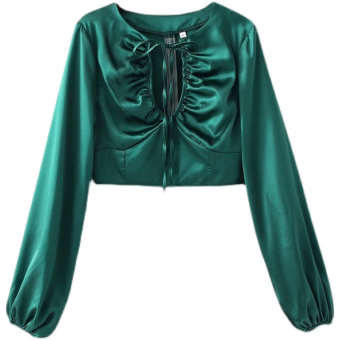 Топ атласный длинные рукава глубокий вырез на завязках сзади молния