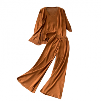 Костюм 3ка трикотаж кардиган без пуговиц + майка + брюки свободные