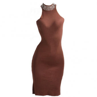 Платье трикотаж без рукавов холтер стразы жемчуг на горловине