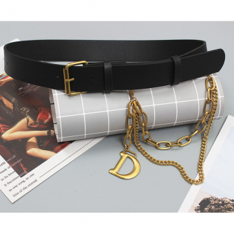 Ремень с пряжкой сбоку 2 цепи на карабине разной длины + буква D