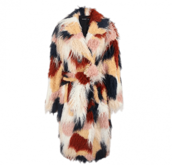 Шуба из цветных кусочков длинного скрученного меха + пояс