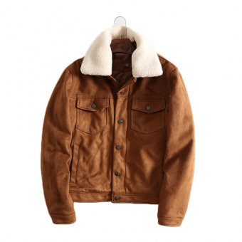 Куртка коричневая иск.замша белые воротник из плюша