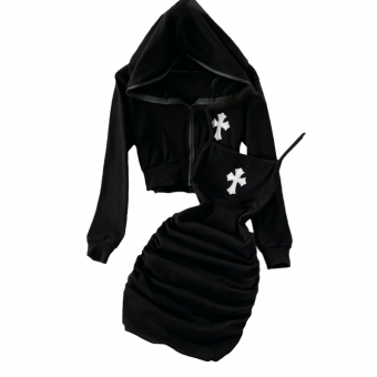 Костюм толстовка укороченная + платье сборкой тонкие лямки вышивка крест