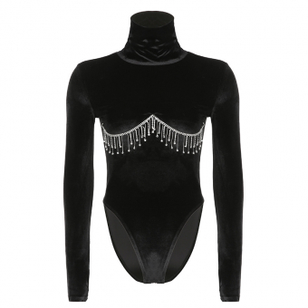 Боди водолазка бархат акцент под грудью бахрома из страз