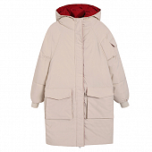 Картинка Пуховик макси бежевый 2 кармана капюшон + бордовый подклад от магазина LonnaMag