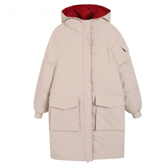 Пуховик макси бежевый 2 кармана капюшон + бордовый подклад