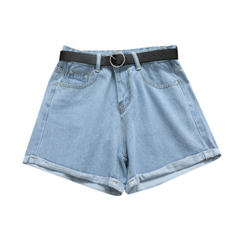 Шорты джинс небольшой подворот + черный пояс круглая пряжка