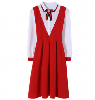 Платье школьное красный сарафан белая блуза + бант брош с жемчужинами длинный рукав