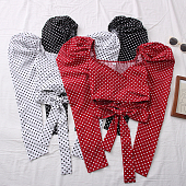 Картинка Топ в горох рукава буфы перекрестие на груди сзади завязки от магазина LonnaMag