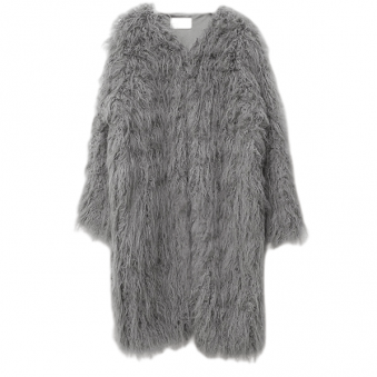 Шуба миди без ворота длинный вьющийся мех