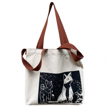 Cумка мессенджер холщовая коричневые ручки принт коты на черном фоне