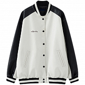 Картинка Бомбер oversize эко кожа на кнопках черные рукава на груди надпись от магазина LonnaMag