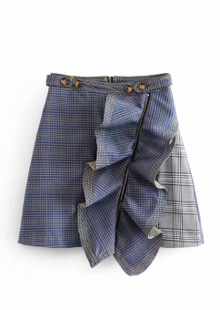 Юбка мини клетка крупная оборка на косой молнии