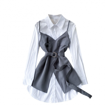 Комплект белое платье-рубашка + строгий топ на лямках + пояс