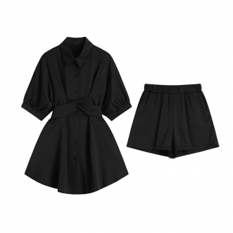 Комплект черный платье рубашка перекрестие на талии + шорты на резинке