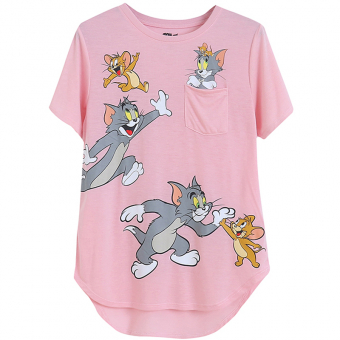 Футболка розовая на груди карман принт Том и Джерри