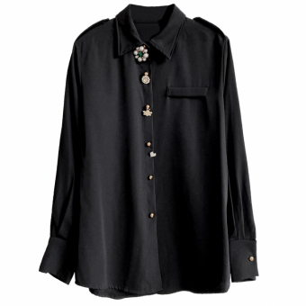 Рубашка черная золотые пуговицы + броши из страз и жемчуга