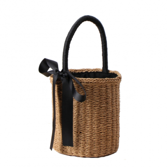 Сумка корзинка плетеная цилиндрическая форма черная ручка и подклад + атласная лента