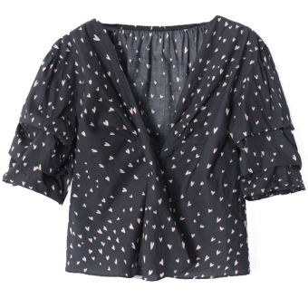 Топ блуза принт мелкие сердца сборка на рукавах драпировка