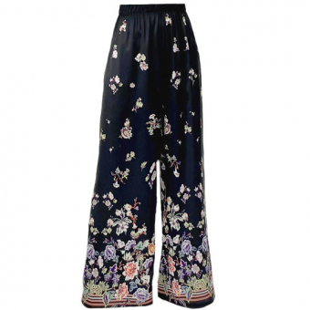 Штаны легкие широкие принт цветы к низу полосы на черном