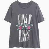 Картинка Футболка выстиранная oversize принт - металик GUNS N ROSES розы револьверы от магазина LonnaMag