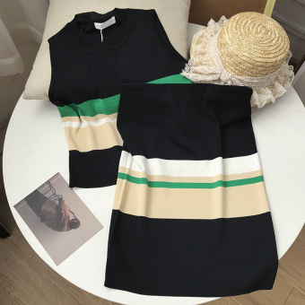 Комплект трикотаж бежевая зеленая полоса топ + юбка миди