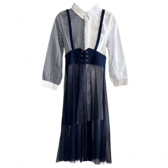 Комплект длинная рубашка платье половина клетка + синяя юбка сетка на лямках