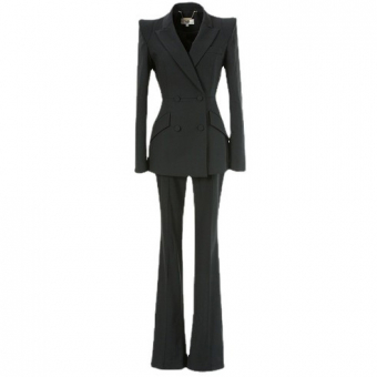 Костюм черный пиджак приталенный приподняты плечики + брюки клеш с разрезами