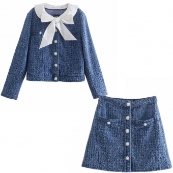 Комплект жакет короткий атласная лента с бантом по вороту + юбка мини