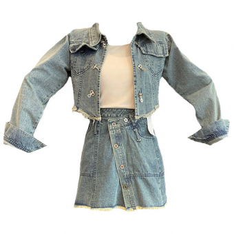 Костюм джинсока укороченная с бахромой + юбка мини запах на пуговицах