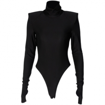 Боди эластичное с подплечниками длинный рукав вырез под палец